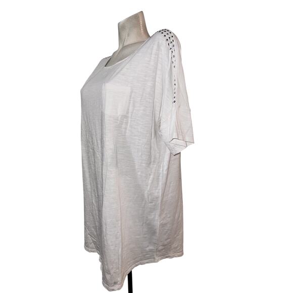Chico's Top Size L (2) White Studded Shoulder Coastal Longer Length Shirt Tunic - Picture 4 of 6